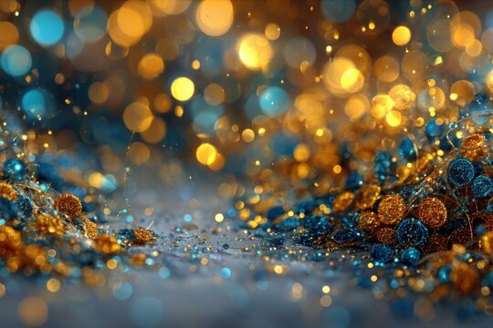Golden and blue bokeh lights create an abstract holiday background, perfect for winter celebrations and new year's eve