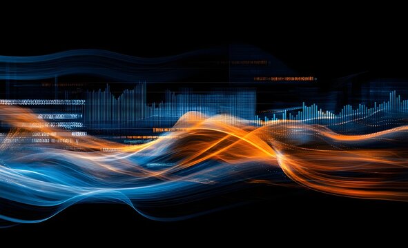 Abstract flowing energy waves of vibrant blue and fiery orange light trails against a dark background with blurred city lights in the distance - Powered by Adobe