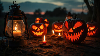 Spooky Halloween pumpkins with glowing faces and candlelight at dusk