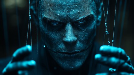A shadowy figure pulls translucent strings, evoking a haunting control in a dimly lit scene