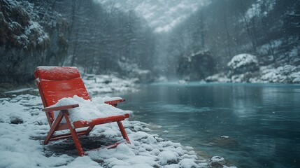 A bright red chair sits in snow by a calm river, framed by peaceful winter mountains and falling snowflakes