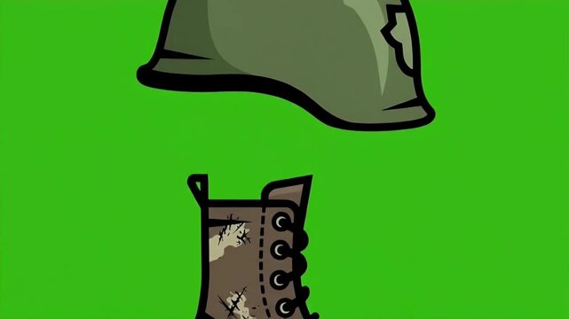 Animated Combat Boot And Military Helmet On Green Background.