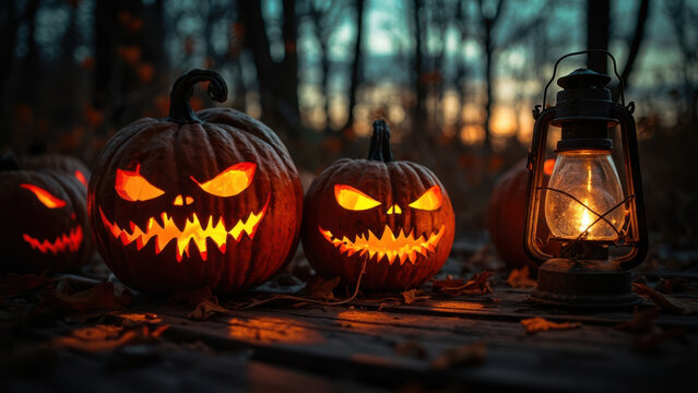 Spooky Halloween pumpkins with glowing faces and a vintage lantern - Powered by Adobe