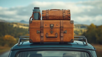 Classic leather luggage rests on a car roof, inviting journeys filled with exploration and memories under a bright sky