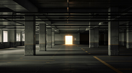 Empty Underground Parking Garage with Bright Light at Exit, Liminal