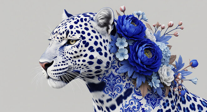 Elegant leopard portrait with blue floral adornments, a modern artistic wildlife concept perfect for sophisticated branding or unique design projects