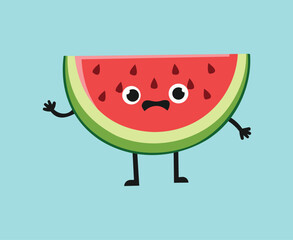 Fototapeta premium Cartoon watermelon character with arms and legs expressing worry on blue