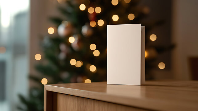 Festive greetings! A blank card sits on a wooden surface, illuminated by the soft glow of Christmas lights, ready to be filled with warm holiday wishes and personal messages.