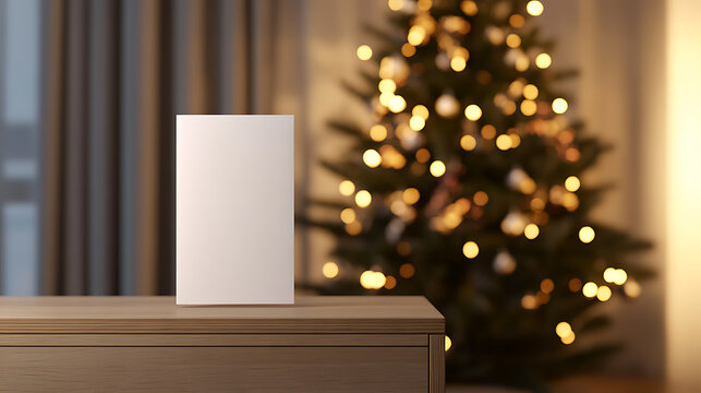 Holiday Greetings: A blank card stands ready for your festive message, bathed in the warm glow of a Christmas tree. Send cheer with a personalized touch this season!