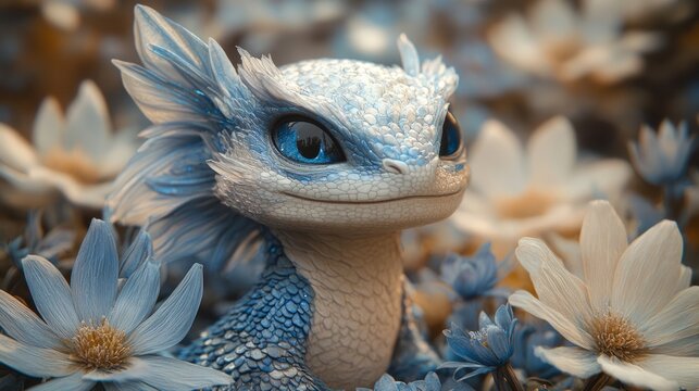 A blue dragon with sparkling scales and a playful look rests among vibrant flowers in a charming garden