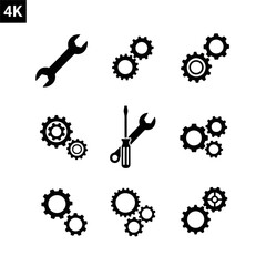 Set of industrial tools and gears icons for mechanical engineering.