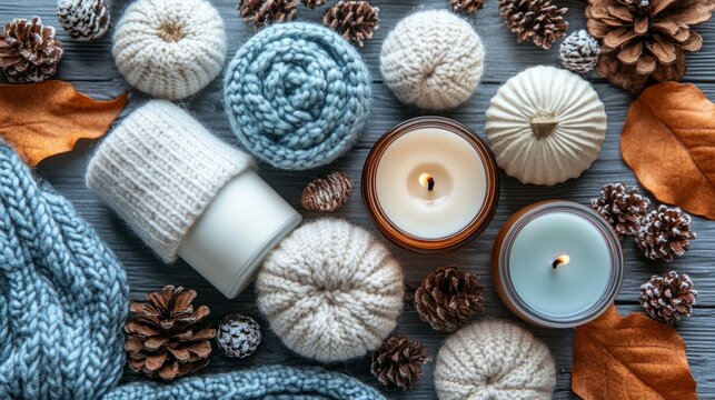 A serene display of knitted items, scented candles, and pine cones creates a tranquil and inviting autumn ambiance