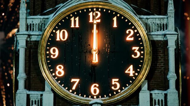 Kremlin Clock Tower at Midnight during Snowy New Year Celebration