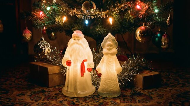 Vintage Ded Moroz and Snegurochka under Christmas Tree with Gifts