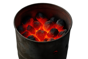 Charcoal briquettes glowing with intense heat inside a barbecue chimney starter, transparent background
