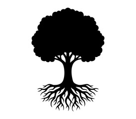 Obraz premium Árbol con raíces extendidas y copa frondosa en silueta negra