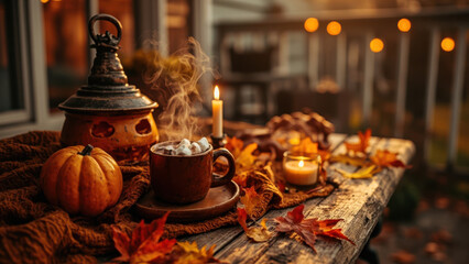 Cozy autumn scene with hot chocolate, pumpkins, and fall foliage