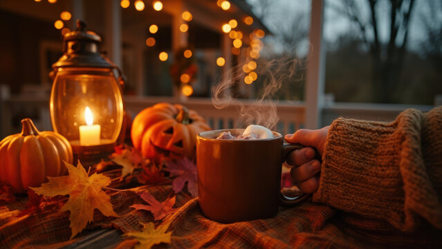 Cozy autumn scene with hot chocolate, pumpkins, and a warm candlelit glow