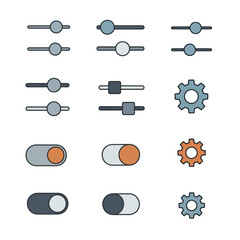 Set of UI elements including sliders toggles and gears for interface design.