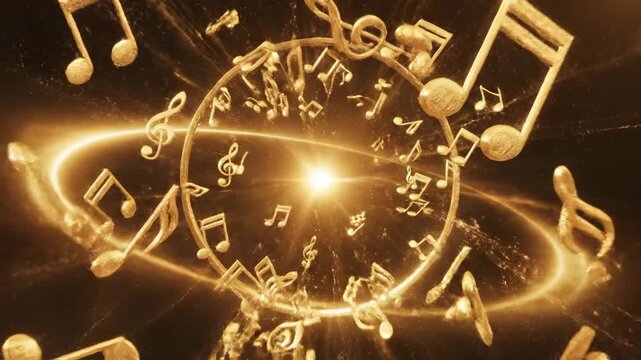 Abstract golden musical notes floating on a dark background