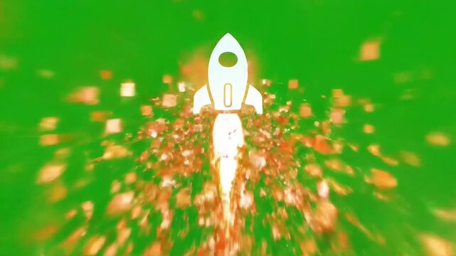 White Rocket Icon Launching With Green Screen Explosion.
