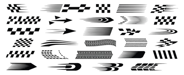 racing cars and race car stripes vector set, including checkered flag, finish line graphics, motocross labels, dynamic speed lines, and motorsport designs, perfect for car wraps, automotive branding, 