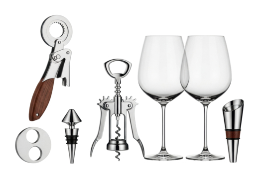 Wine opening tools showcase home bar product display modern top view isolated on transparent background - Powered by Adobe