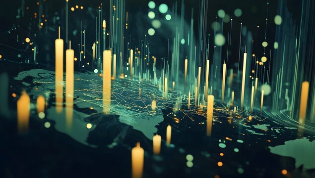 Abstract digital data visualization with glowing vertical lines and bokeh effects representing global connectivity and information flow in a futuristic network - Powered by Adobe
