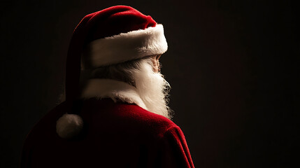 Santa Claus, his back to the viewer, is poised in a red suit with a white beard, ready for the holiday season with cheer. A holiday silhouette in the dark night, and ready to deliver.