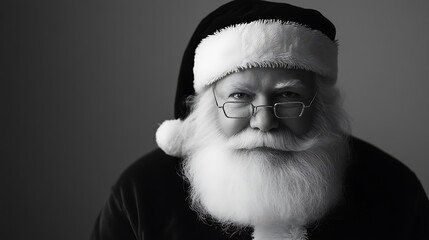 Classic Santa Claus portrait in monochrome, showcasing his iconic beard, hat, and glasses against a simple background. A timeless depiction of festive cheer.