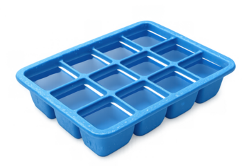 Blue plastic ice cube tray holding water before freezing, preparing cold drinks for summer refreshment