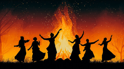 Lohri Festival bonfire celebration with dancing silhouettes and traditional Punjabi night illustration background