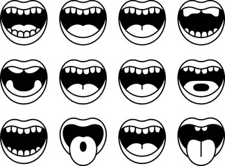 Cartoon mouth expressions in black and white open mouth collection
