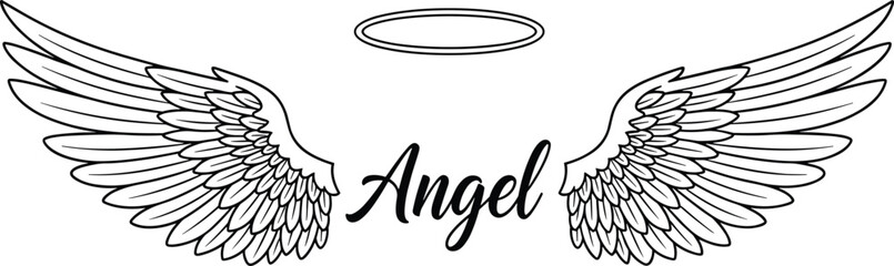 Decorative Angel Wings with Halo and Script Text Outline Vector Graphic, Featuring Feathered Spiritual Symbol, Heavenly Light, and Memorial Tattoo Design Element for Artwork