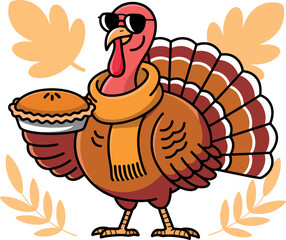 Cool Cartoon Turkey with Pie Thanksgiving Celebration Illustration Festive Spirit