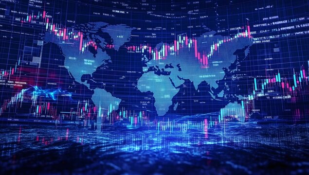 Global financial market data visualization with digital world map and fluctuating stock charts in a futuristic blue neon light abstract background - Powered by Adobe
