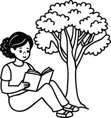 Reading a book by a tree, enjoying quiet study time outdoors. Vector