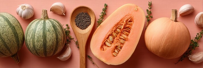 Seasonal culinary ingredients arranged for autumn recipes, food blogs, or healthy cooking promotions on a pink background with copy space