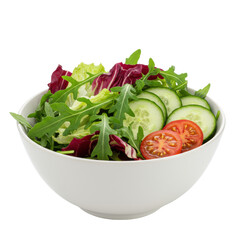 Vibrant mixed green salad with fresh arugula, red leaf lettuce, cucumber, cherry tomatoes in a white ceramic bowl, transparent background, copy space, concept of healthy vitality