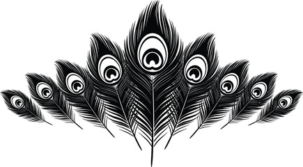 Elegant Peacock Feathers Silhouette Vector Border, Featuring Decorative Black and White Design, Natural Bird Plume Ornament, and Beautiful Art Graphic Element