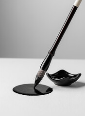Calligraphy brush ink. Black paint brush applying ink on white canvas beside ink dish  