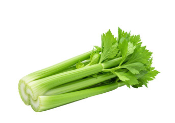 Vibrant, freshly harvested green celery stalks with lush leaves, crisp texture, and emerald color, isolated on a seamless transparent background with copy space, embodying healthy eating