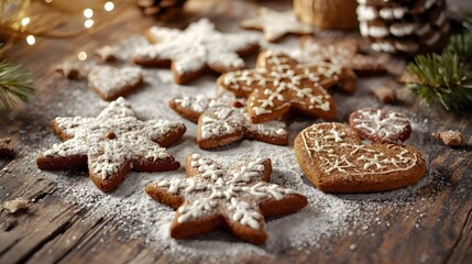 Festive Gingerbread Cookies on Rustic Wooden Background