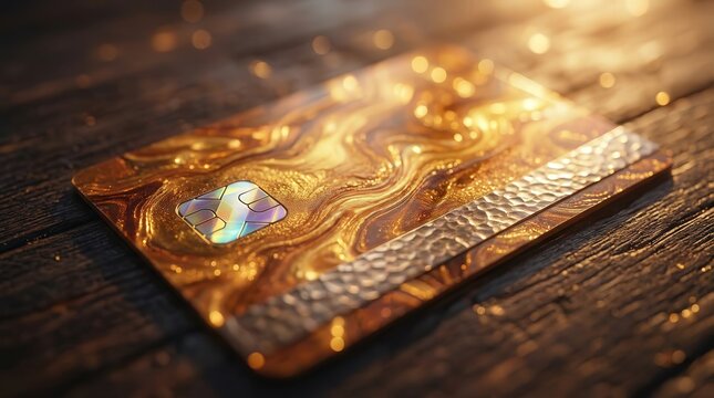 Golden Credit Card on Wooden Surface with Bokeh