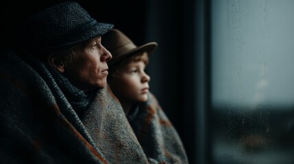 Father and son share quiet moment wrapped in blanket indoors, gazing at rainy window, evoking themes of family bonding and introspection
