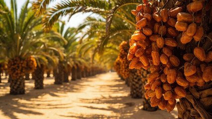 Date palm trees laden with ripe dates in a sun-drenched orchard