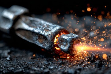 Industrial gas cutting torch melts steel with intense sparks and orange glow, symbolizing heavy manufacturing and fabrication technology