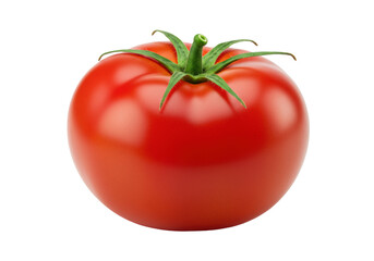 A single, plump, perfectly ripe beefsteak tomato, vibrant red with smooth skin, fresh green stem, and crisp sepals, isolated on transparent with copy space. Concept for fresh produce advertising