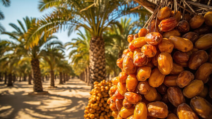 Ripe dates hanging from a palm tree in a sunny date palm orchard
