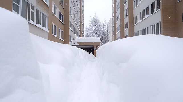 A snow-covered walkway leads to an apartment building entrance, buried in a thick layer of snow following a blizzard, winter city scene, and frozen landscape.